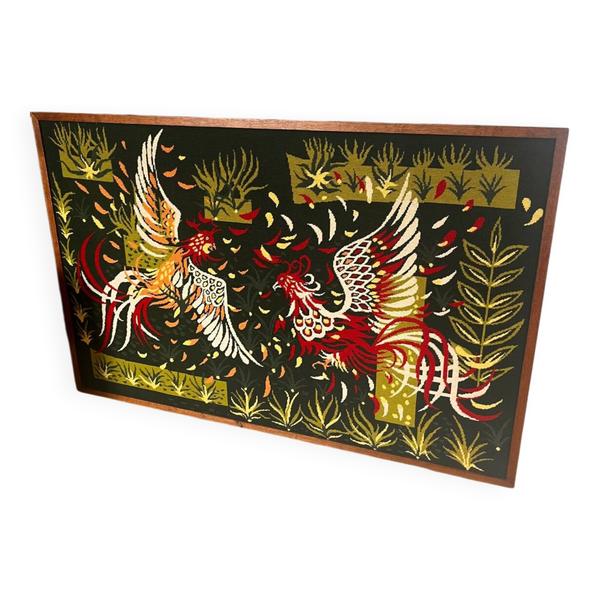 Large Aubusson wool tapestry – “Fighting Cocks” – 140 × 80 cm