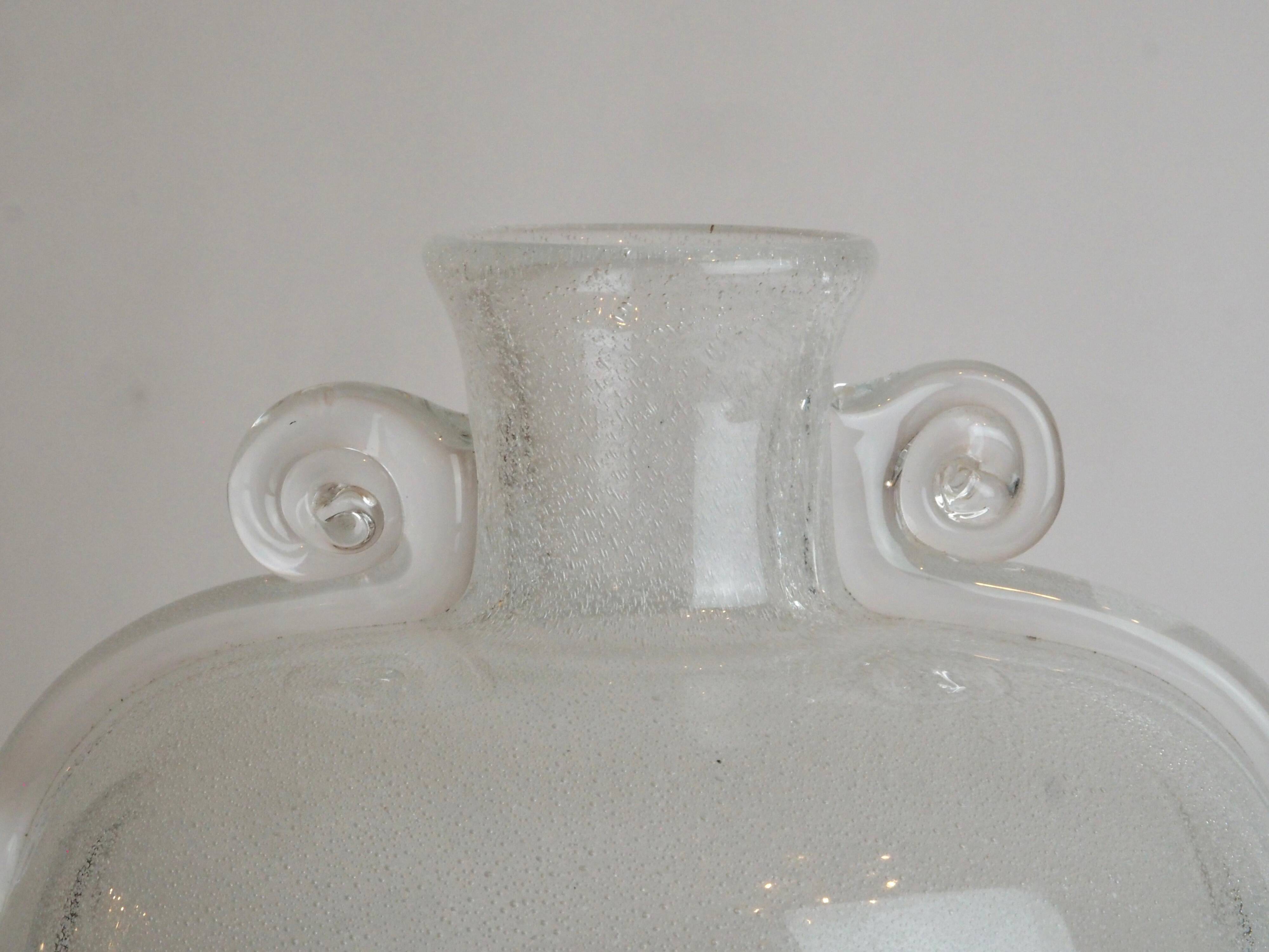 Murano glass vase "Pulegoso" in the shape of an amphora, with scroll handles, signed Seguso Vetri d'Arte.