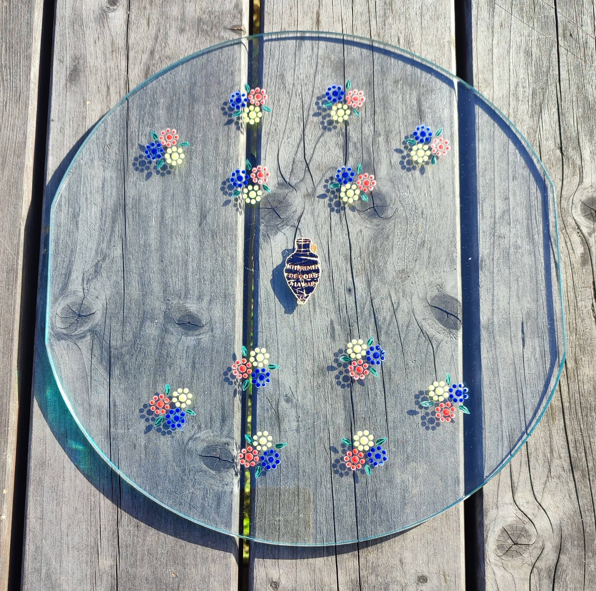 Vintage glass platter – Cold enamel floral painting "Handmade"