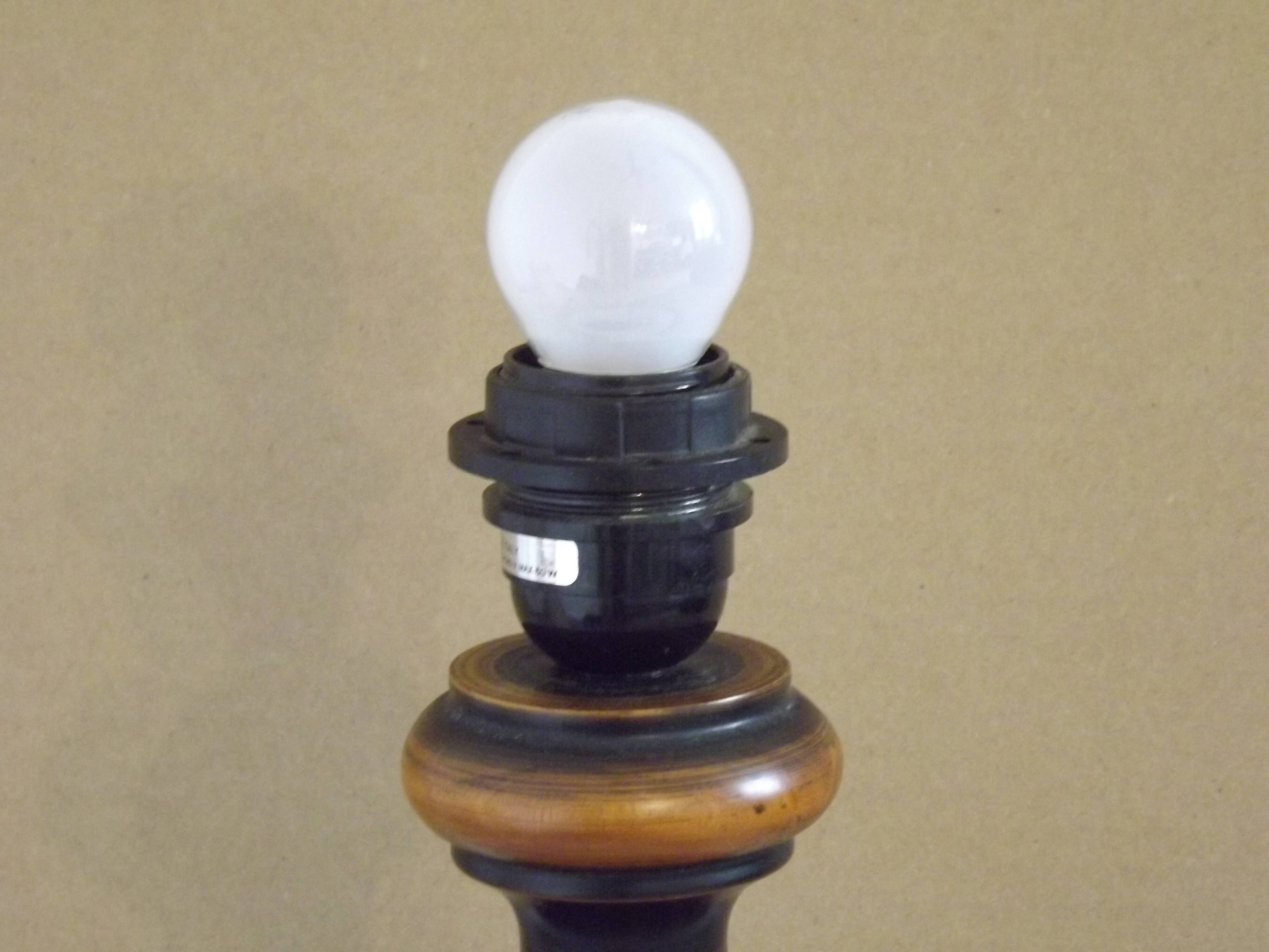 French Mid Century Round Turned Wood Table Lamp Cream Fringed Shade 5573