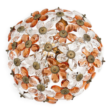 Ceiling light with transparent and peach flowers.