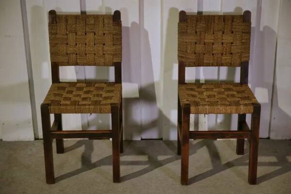 Pair of Brutalist chairs with braided rope seats, 1950s