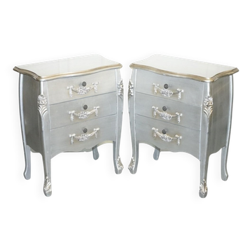 Baroque Grey Silver 3-Drawer Bedside Tables, Set of 2