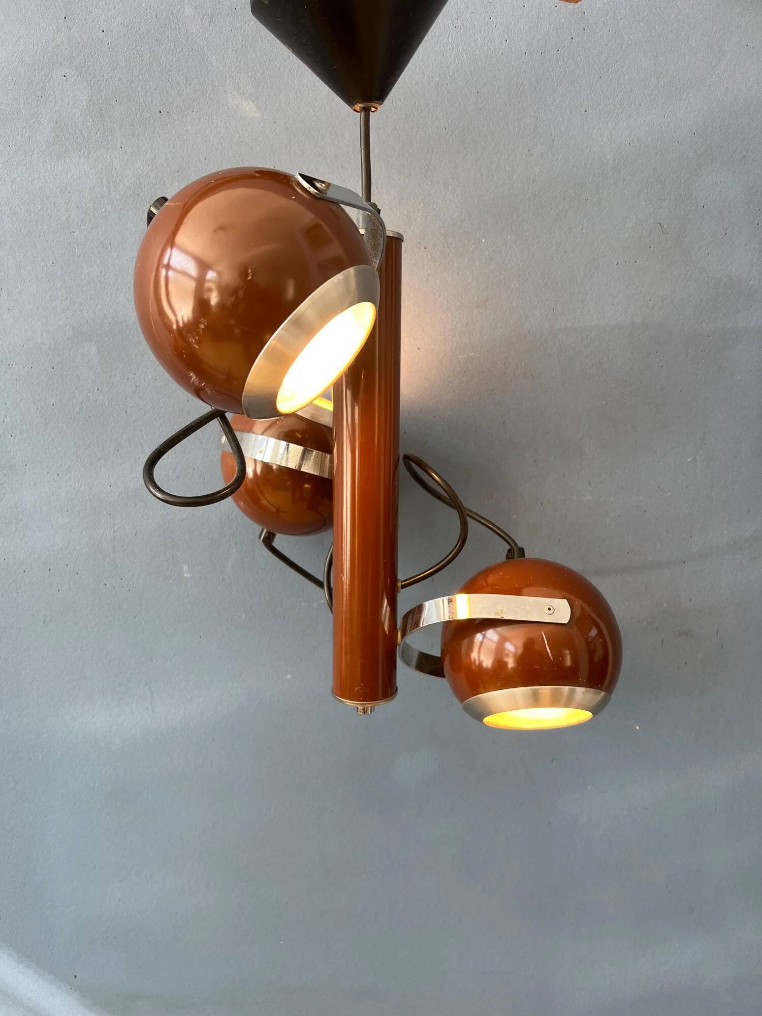 Brown vintage space age pendant lamp with three eyeball shades