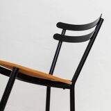 Set of 3 Italian mid-century chairs in black steel frame and natural wood seats - stackable, 1970s