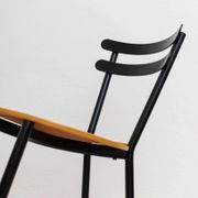 Set of 3 Italian mid-century chairs in black steel frame and natural wood seats - stackable, 1970s