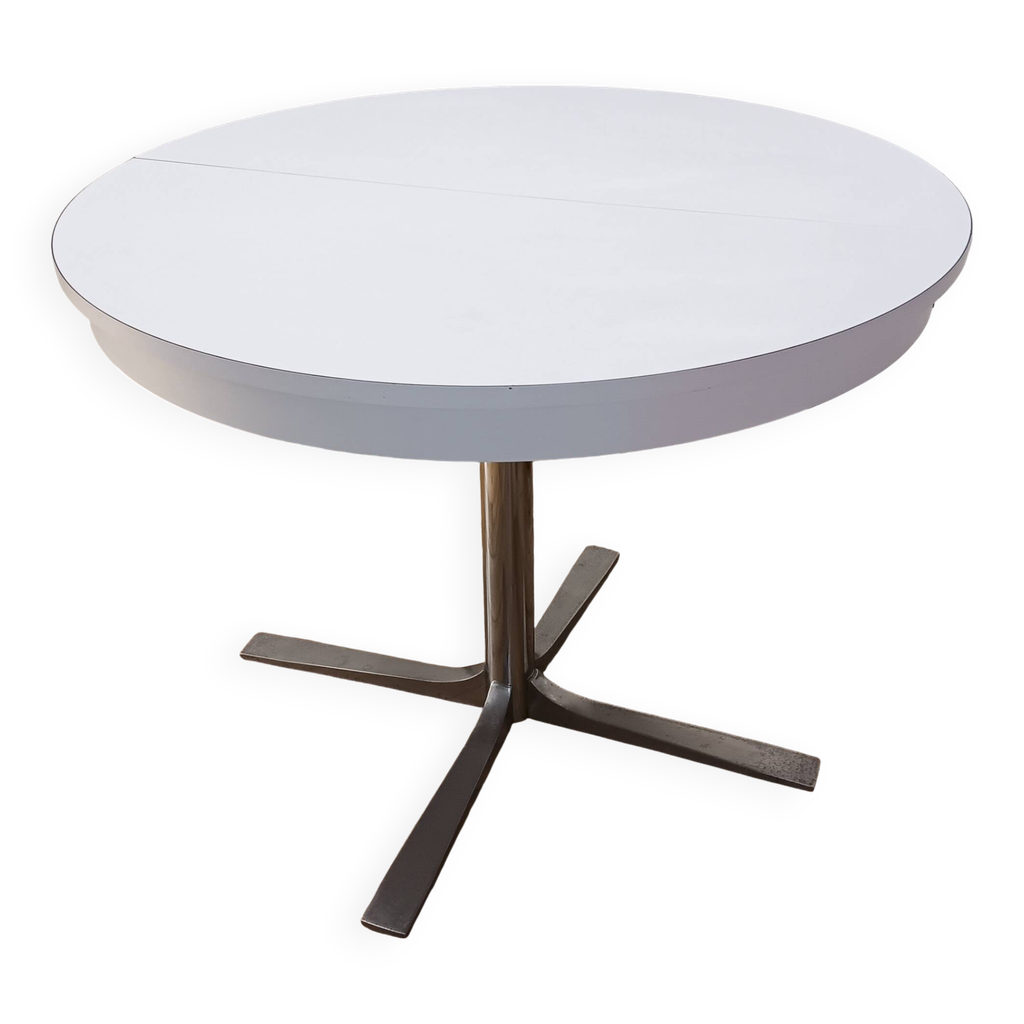 Table ronde vintage Formica blanc extensible Roche Bobois 1970 | Selency
