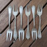 Set of 6 silver-plated oyster forks with floral decoration