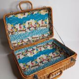 Mallette ou valisette en osier avec doublure en tissu vintage
