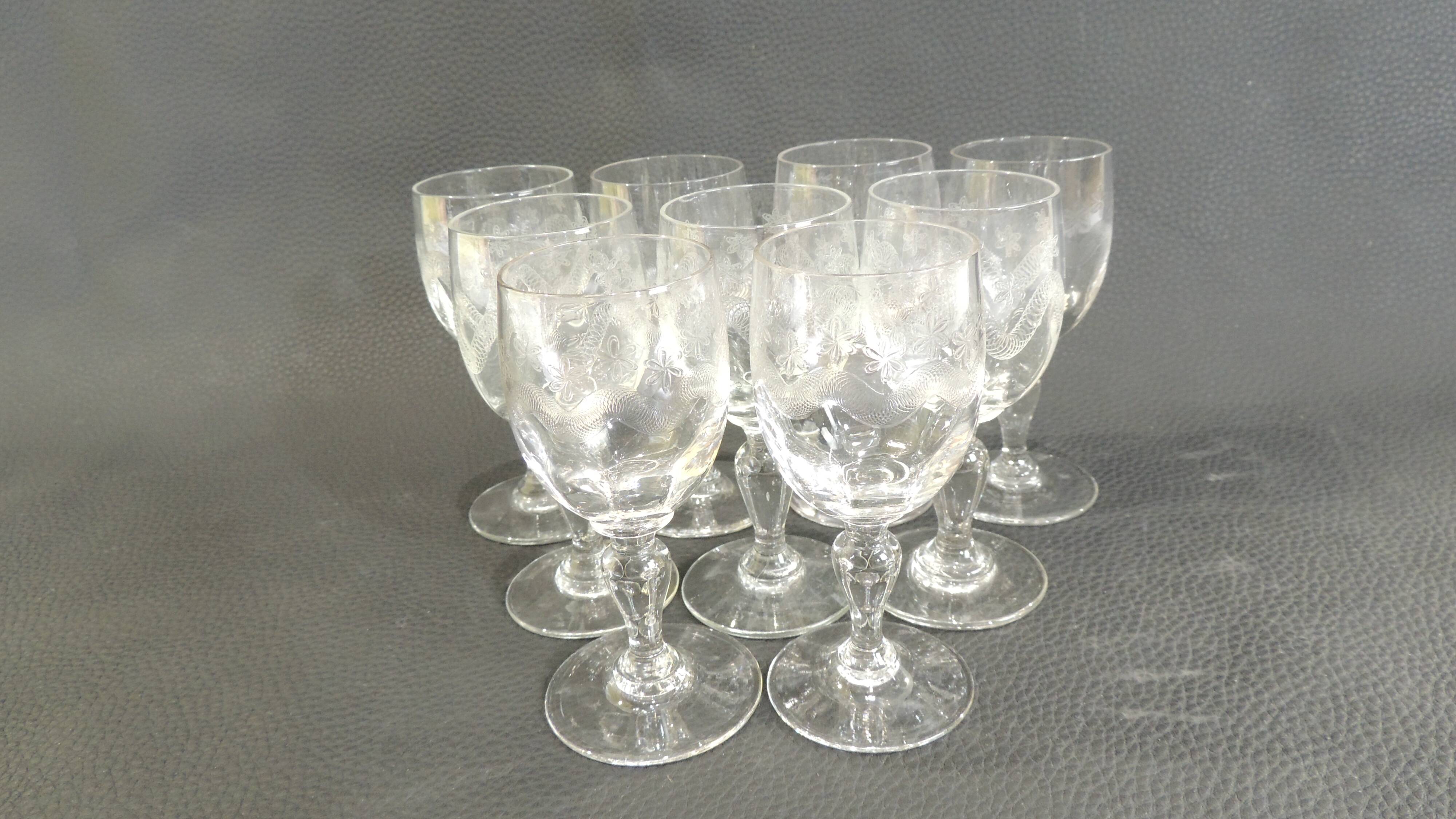 Set of nine engraved crystal liquor glasses, emma model. early 20th century/vintage/thouvenin vierzon