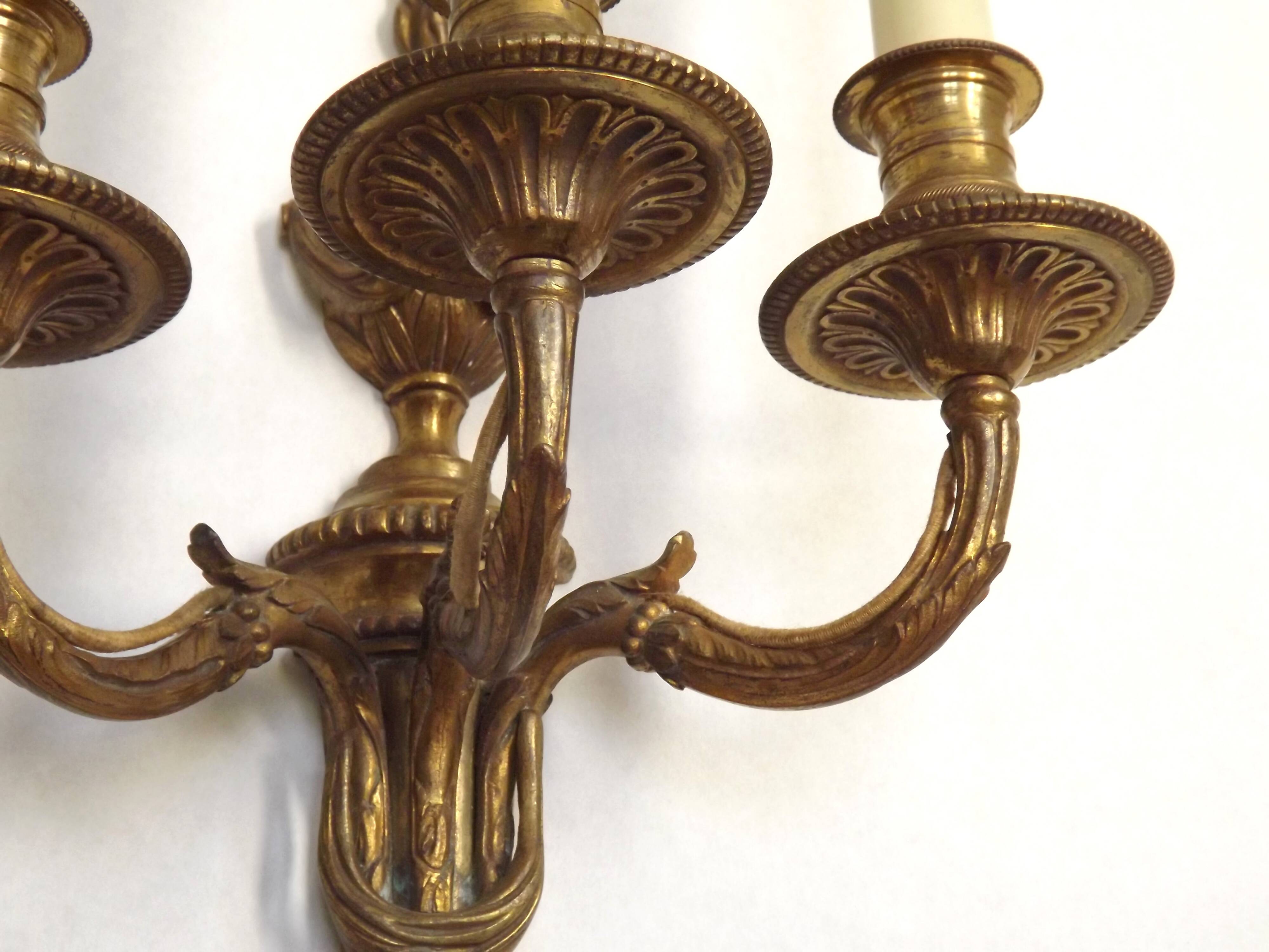 Magnificent Pair French Antique Bronze Triple Wall Lights Urn & Swag Detail