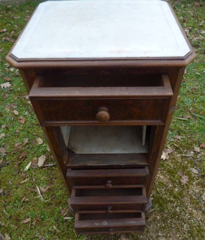 Walnut and walnut veneer bedside table with marble around 1900, door with drawers