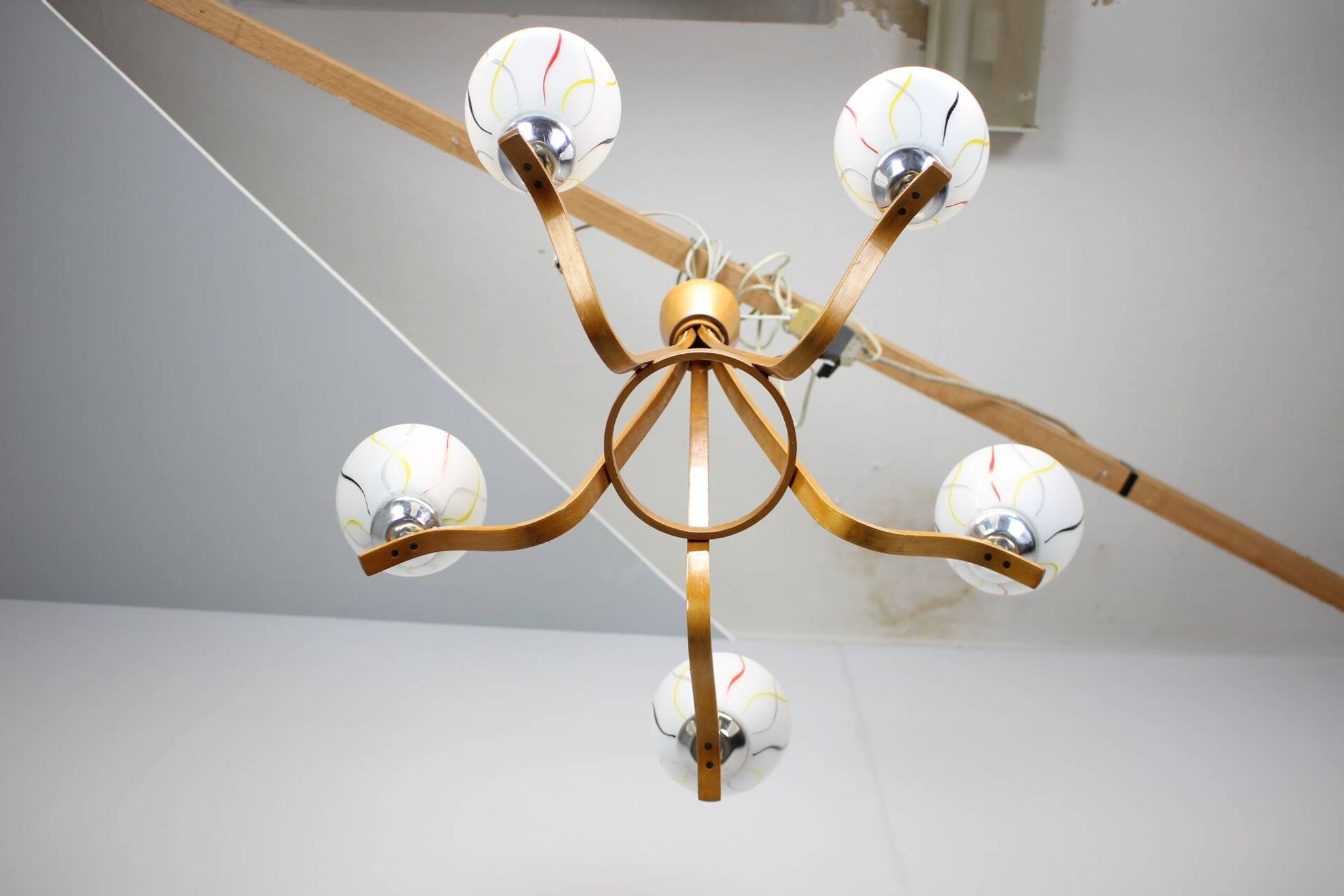 Mid-century wooden chandelier with glass shades, Czechoslovakia, 1970s.