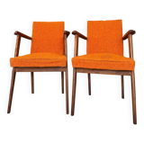 Pair of vintage 60s armchairs in wood and orange bouclé fabric