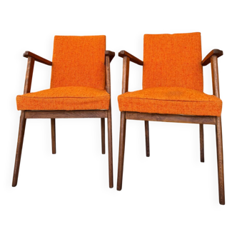 Paire de fauteuils vintage années 60 en bois et tissu bouclette orange