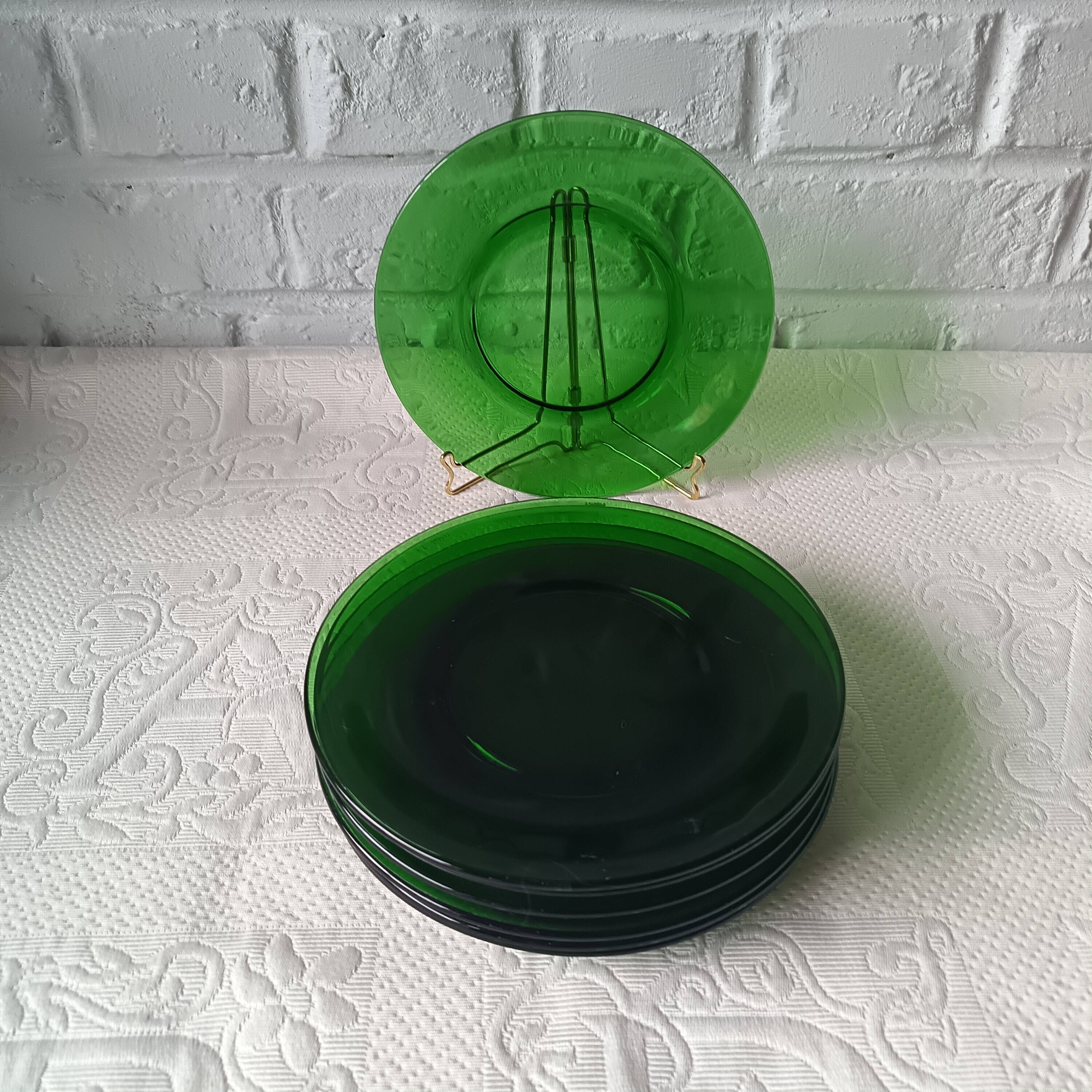 7 green tempered glass dessert plates vereco vintage