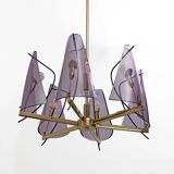 Italian Mid-Century Stilux Milano Chandelier in Brass and Purple Plexiglass