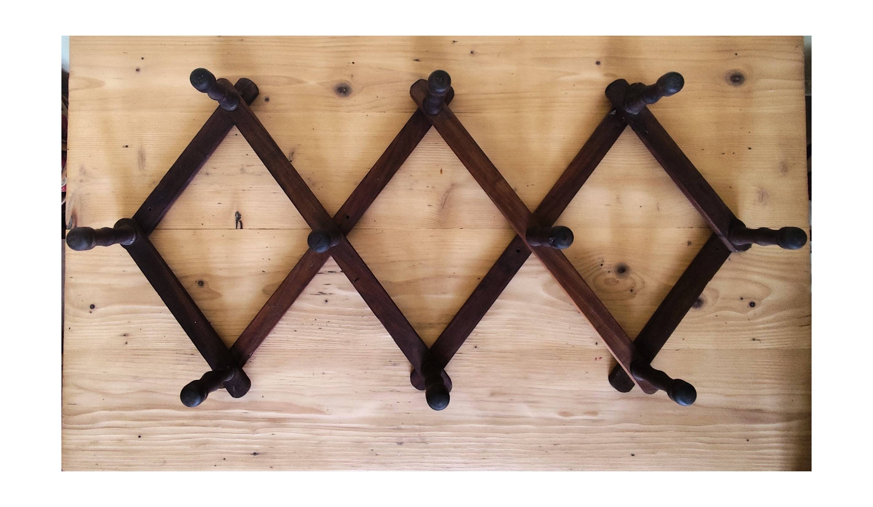 Old telescopic wooden wall coat rack - 10 accordion hook coat rack