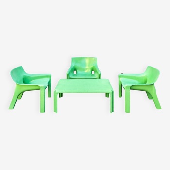 Green Vicario Armchairs and Arcadia coffee table by Vico Magistretti for Artemide, Italy, 70's, Set