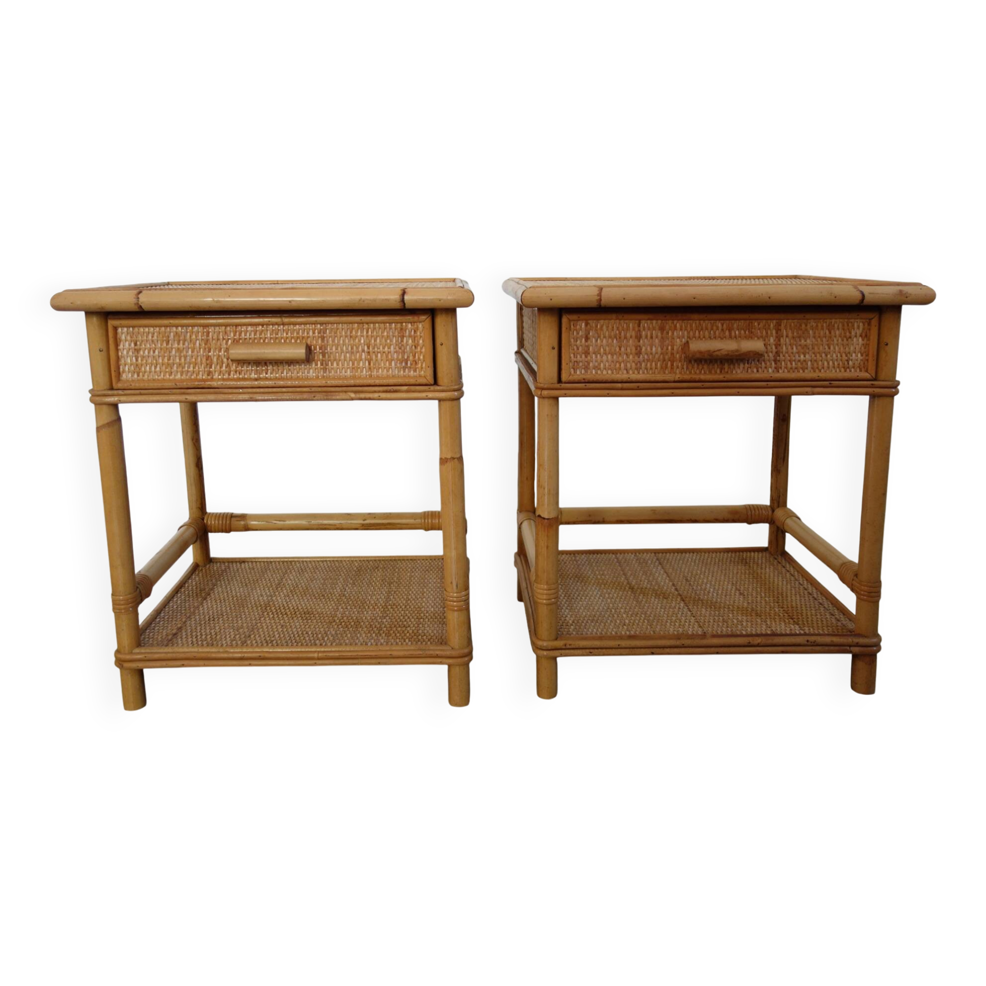 Pair of woven wicker and bamboo bedside tables, 70s/80s.