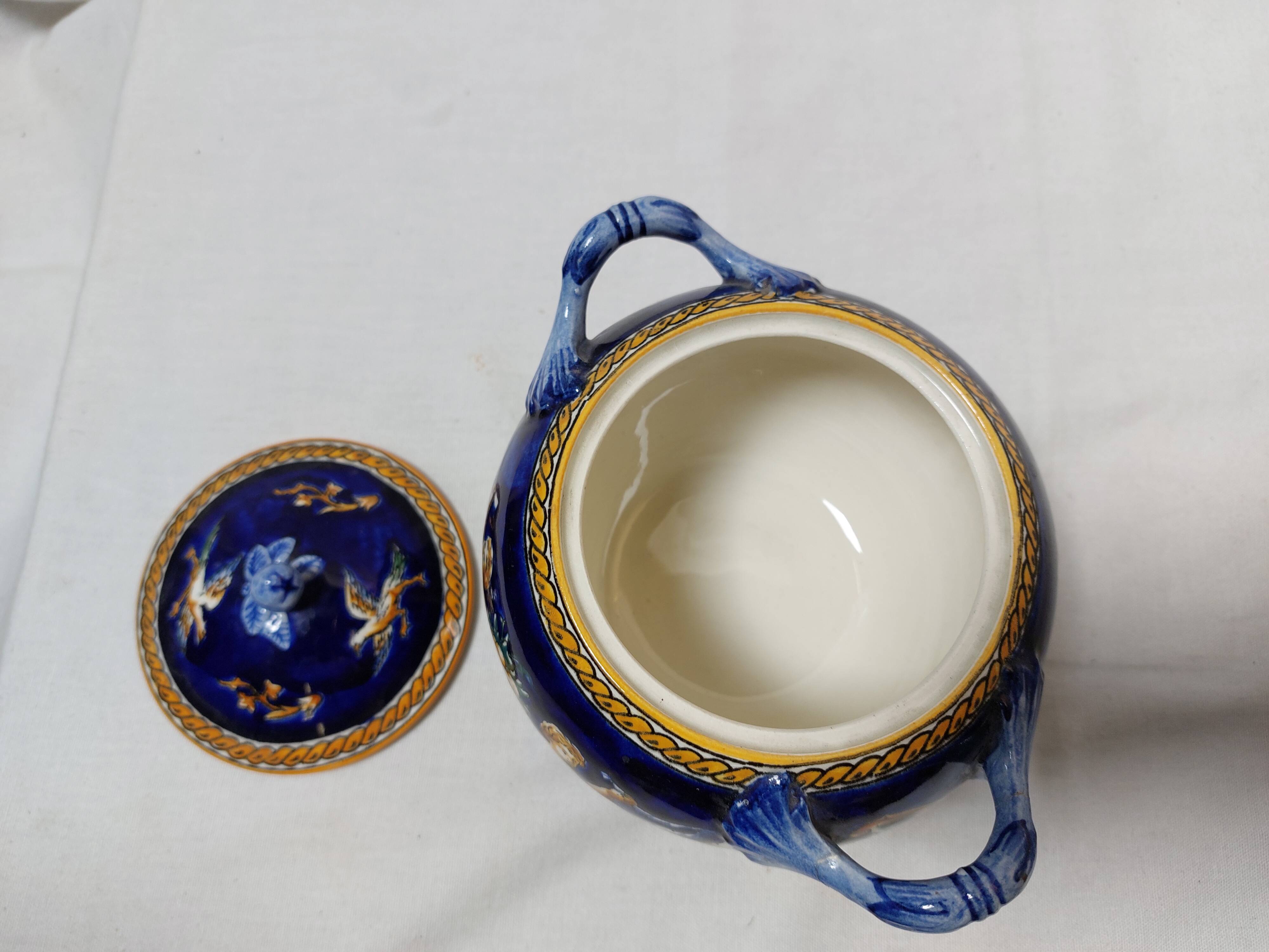 Large Gien blue sugar bowl or candy dish, Renaissance model
