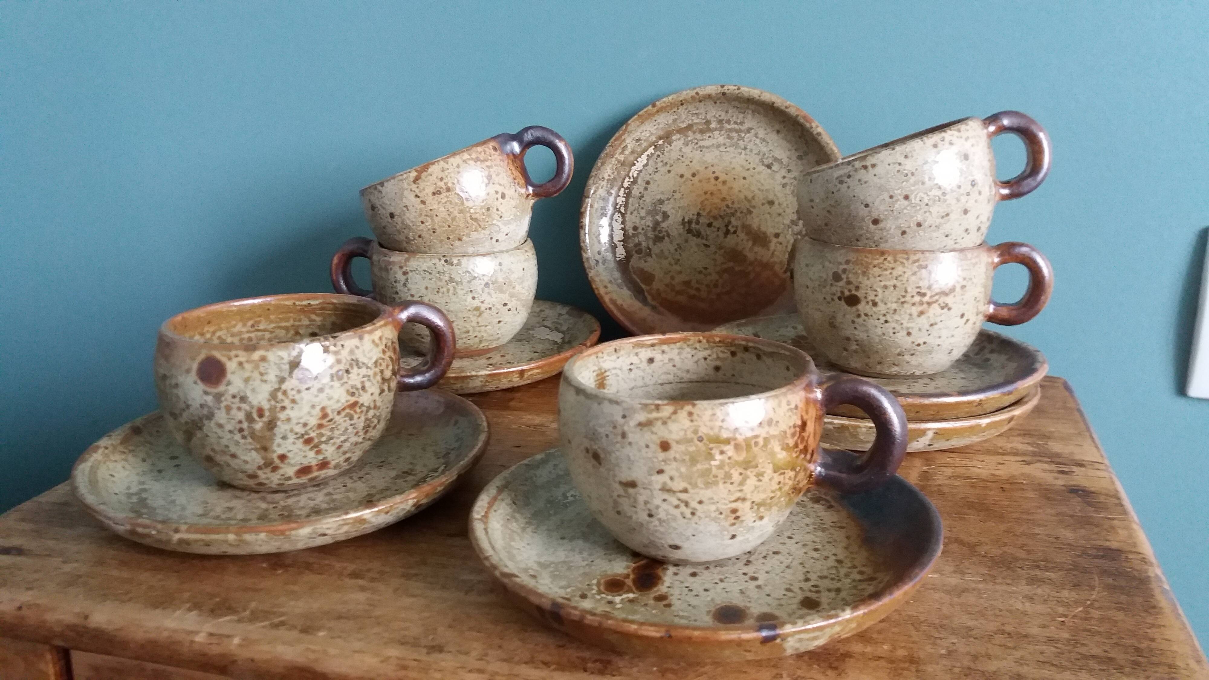 Tea or coffee service in Puisaye stoneware, signed Jean-Pierre Prud’homme