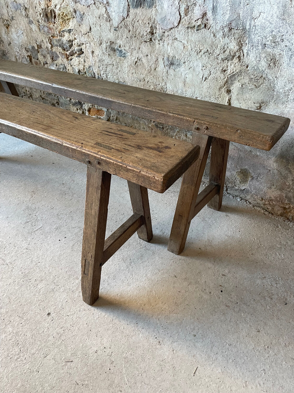 Pair of small antique solid wood benches