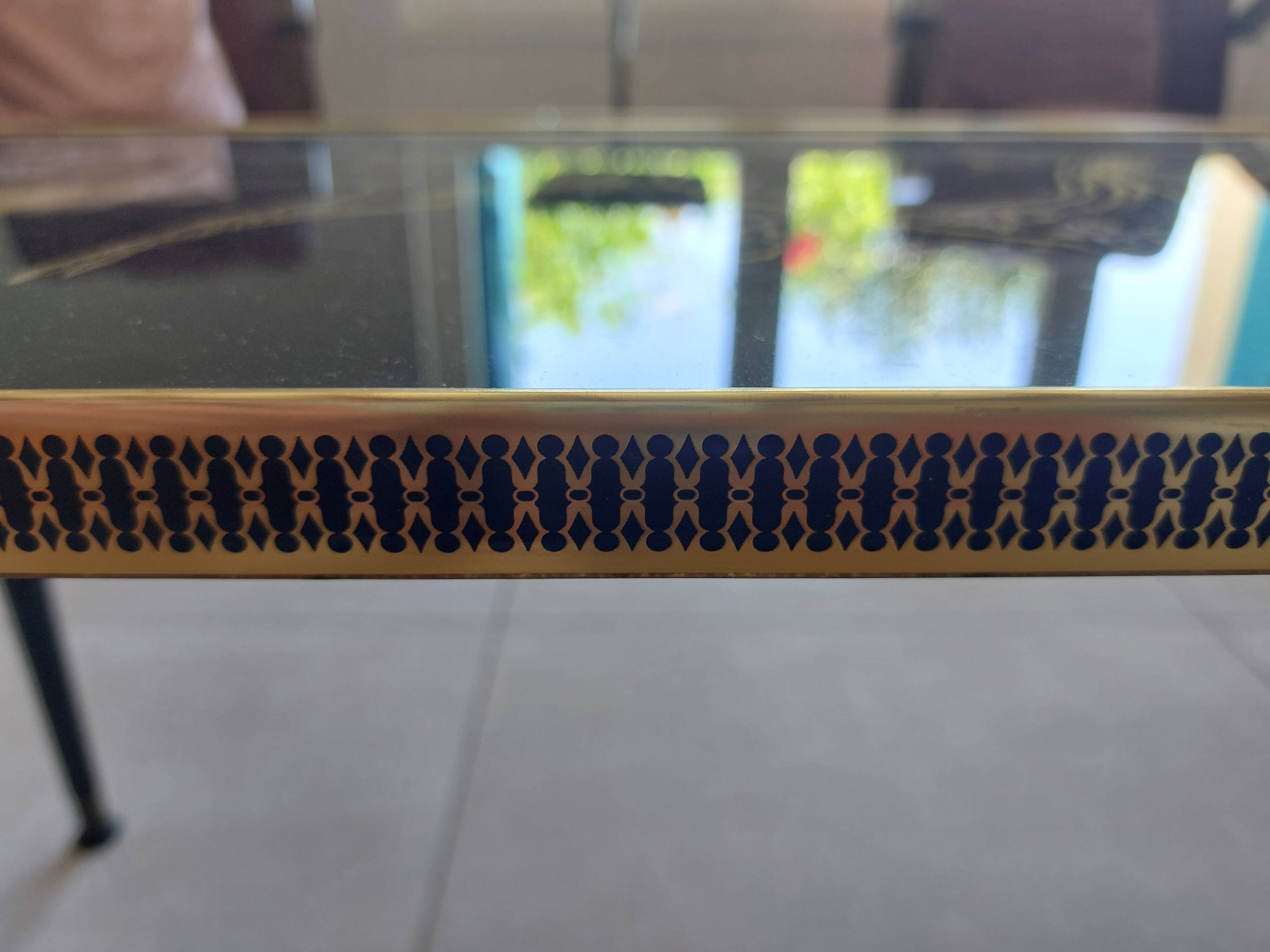 Japanese patterned coffee table, tapered legs and brass, vintage.