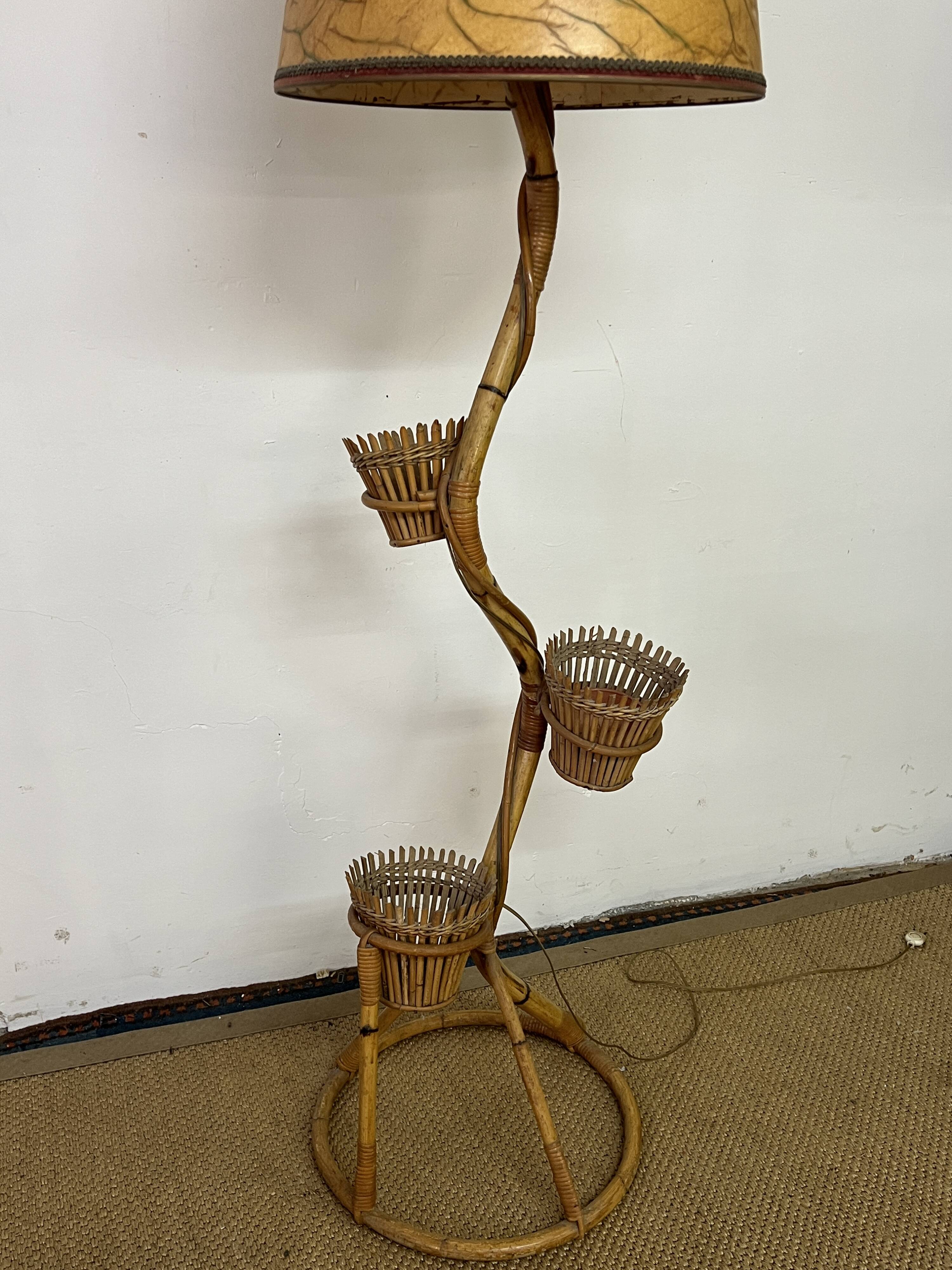 Rattan and bamboo plant holder floor lamp from the 70s