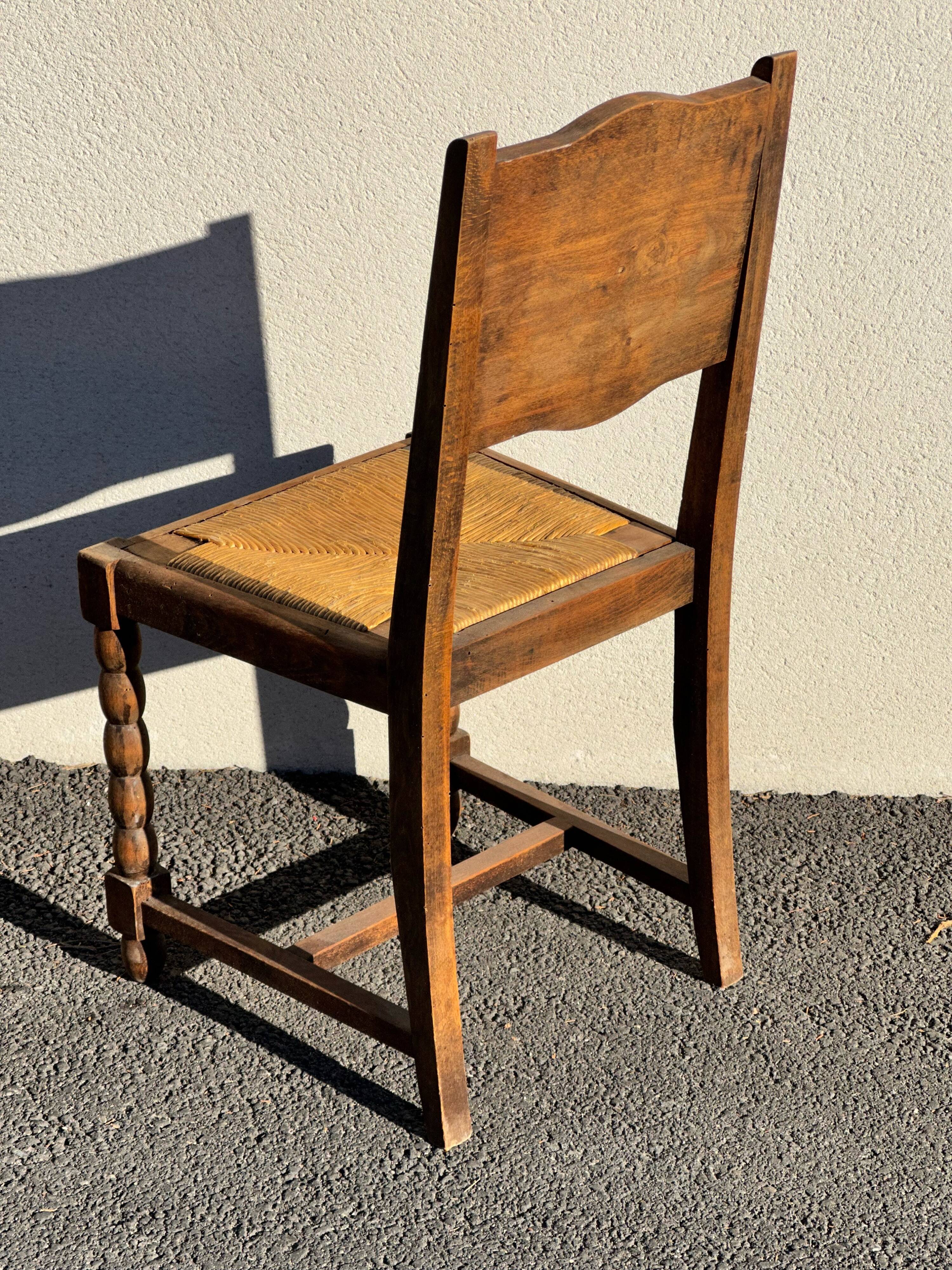 6 rustic style chairs, wood and straw, 1940