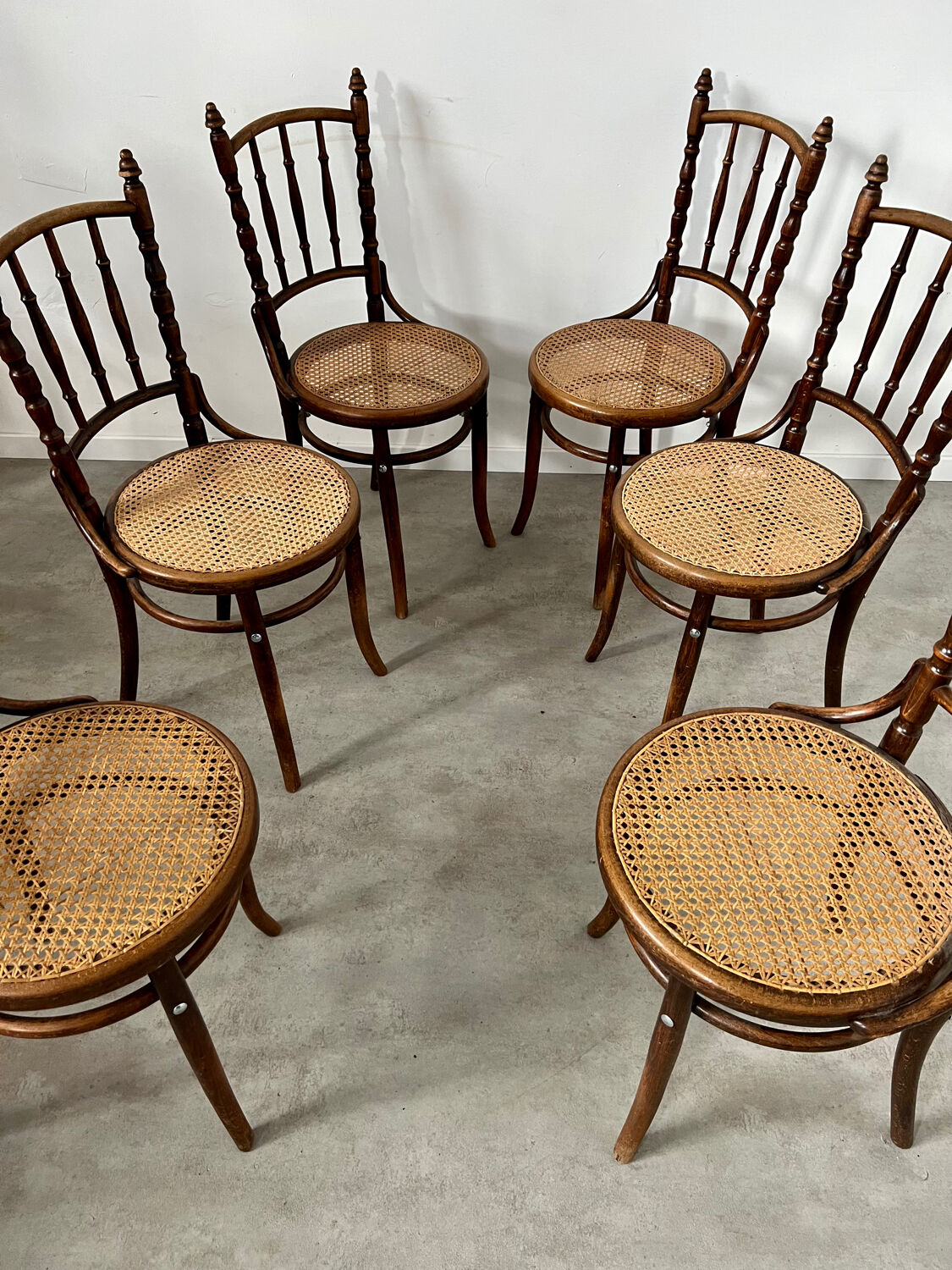 Lot 6 old vintage wooden bistro chairs brand Fischel early 20th century