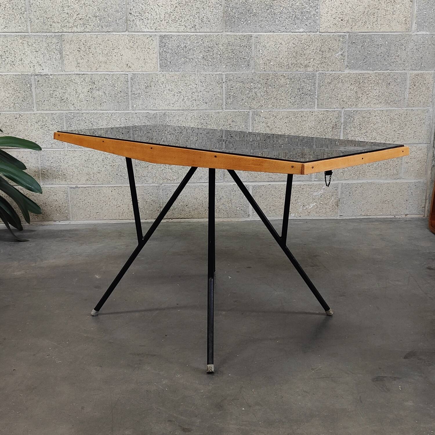 Metal and wood table, black Opaxit top, Czech Republic 1960