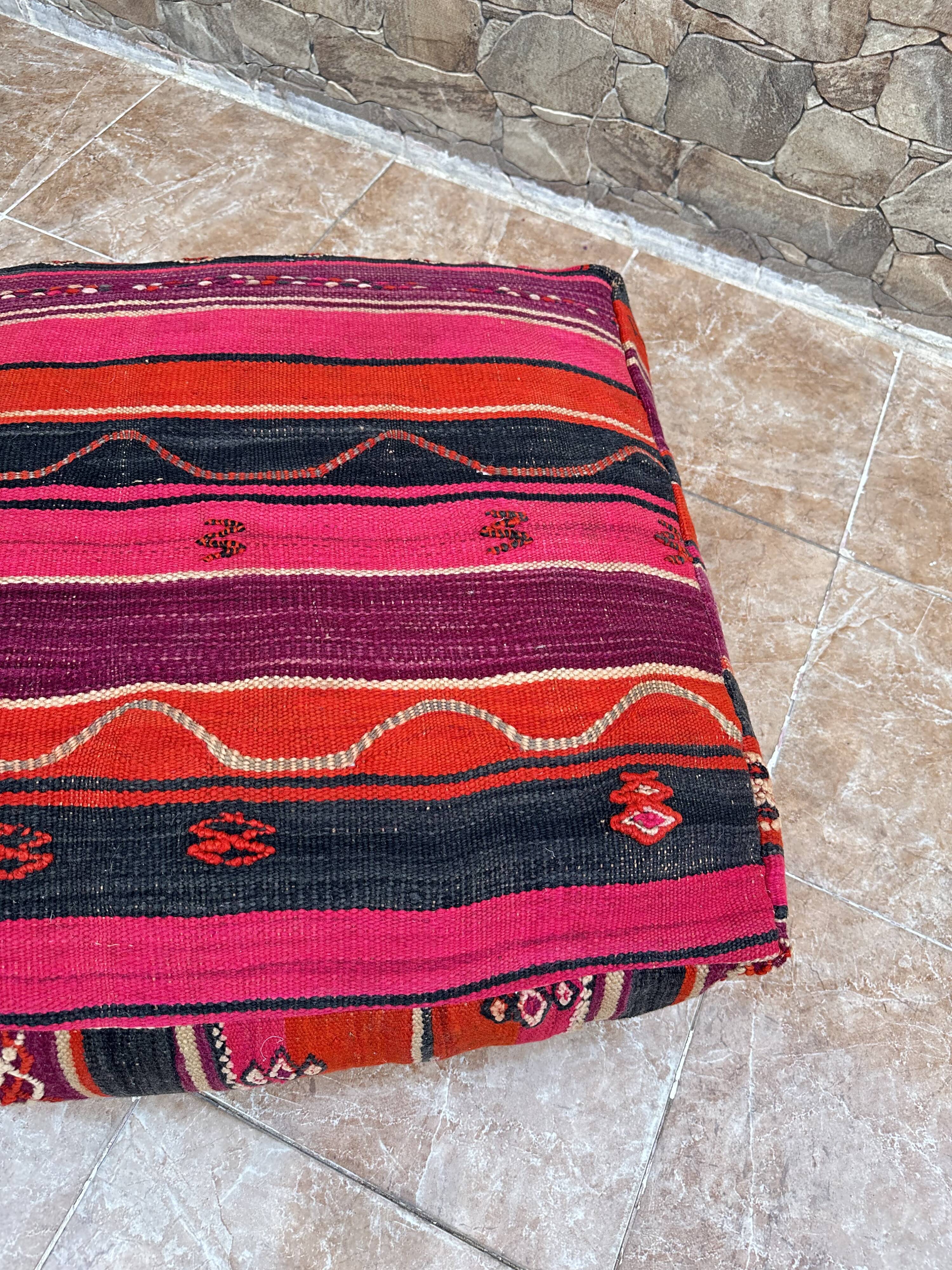 Vintage handmade Berber Kilim pouf, Moroccan floor cushion.
