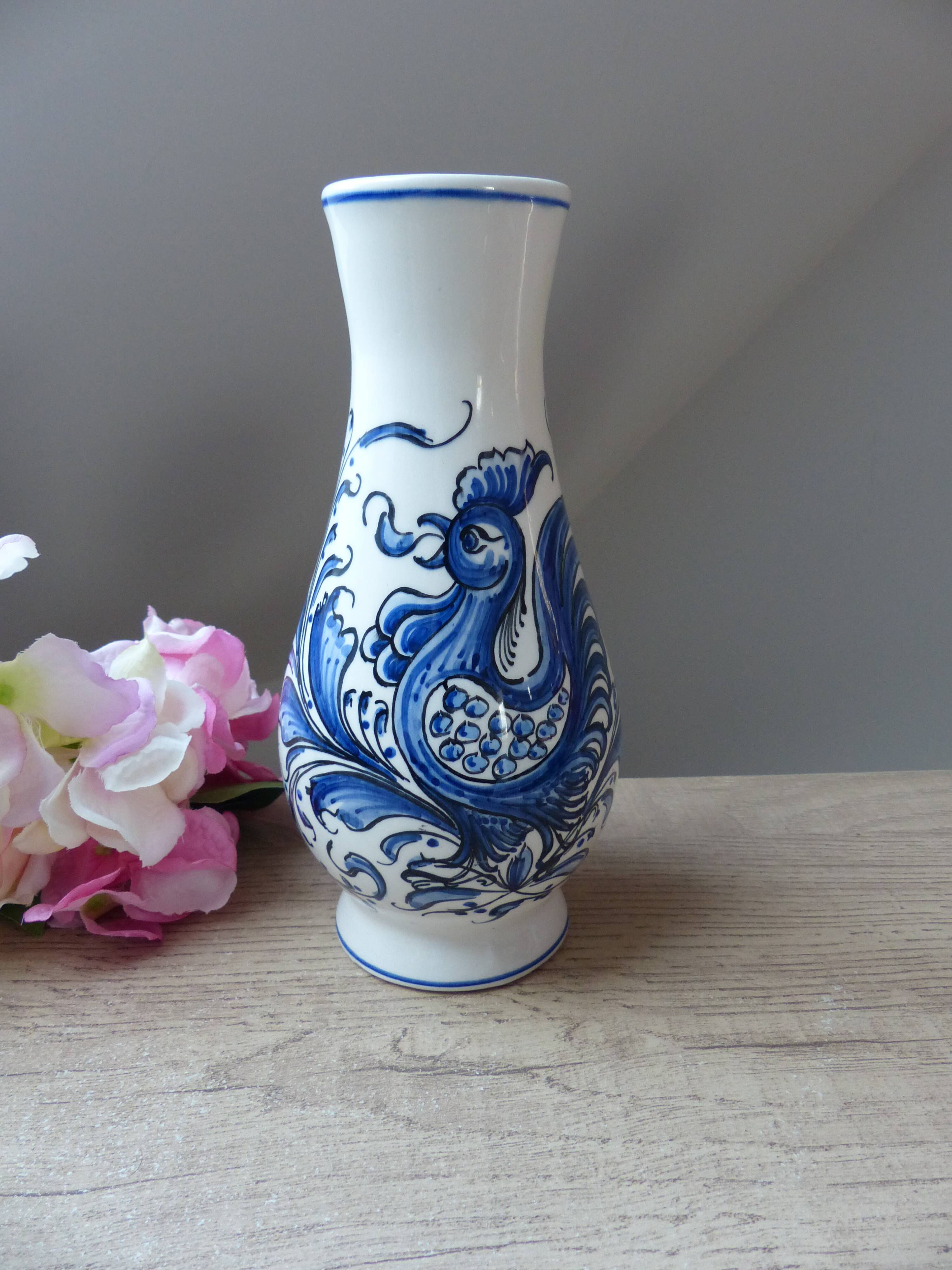 Ceramic Vase Bird Blue Hand-Painted Portugal