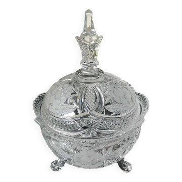 Large Bonbonniere/Drageoir in Bohemian crystal. Frosted floral motifs, diamond tip. Boho chic