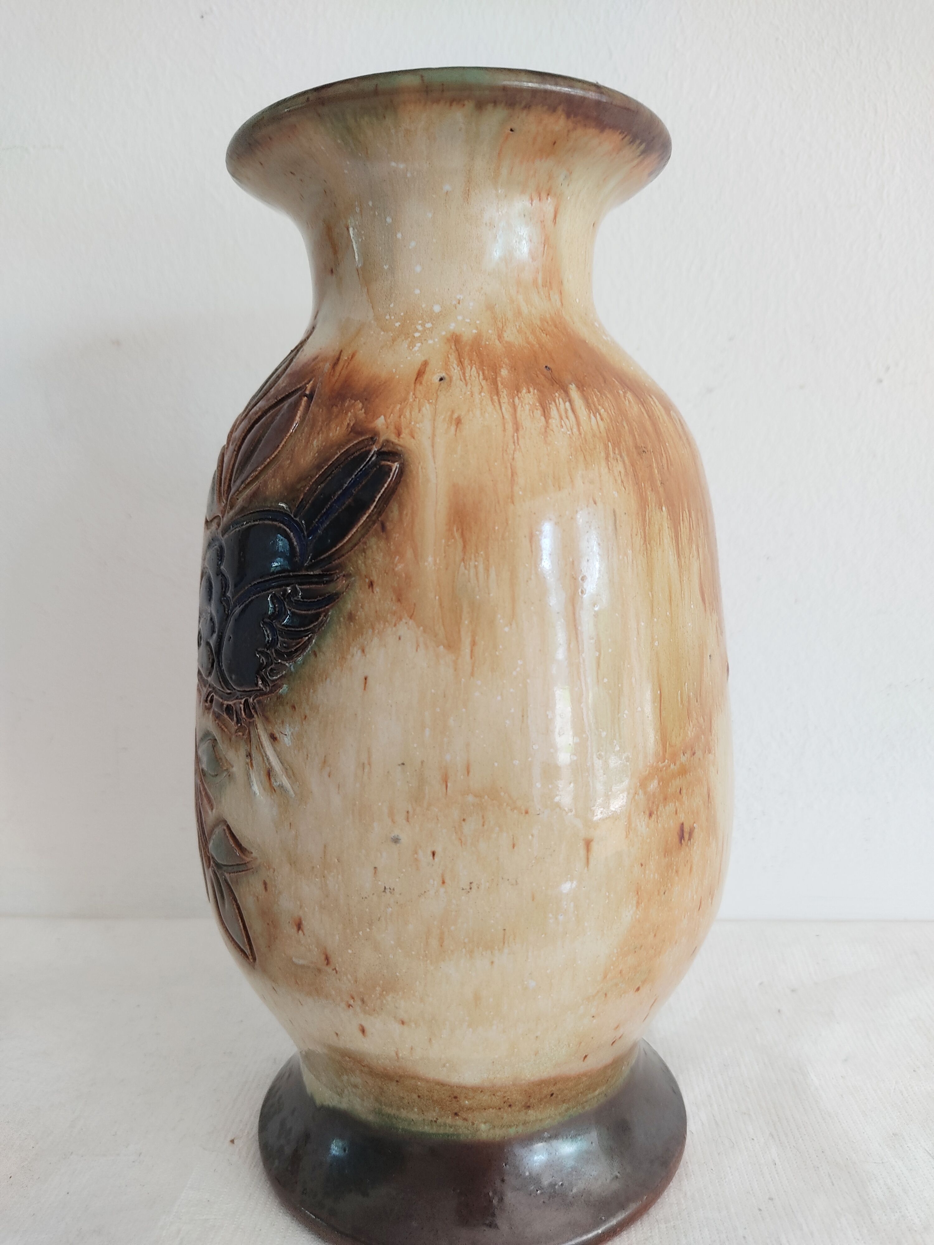 Vase vintage aux oiseaux en grès signé Biran