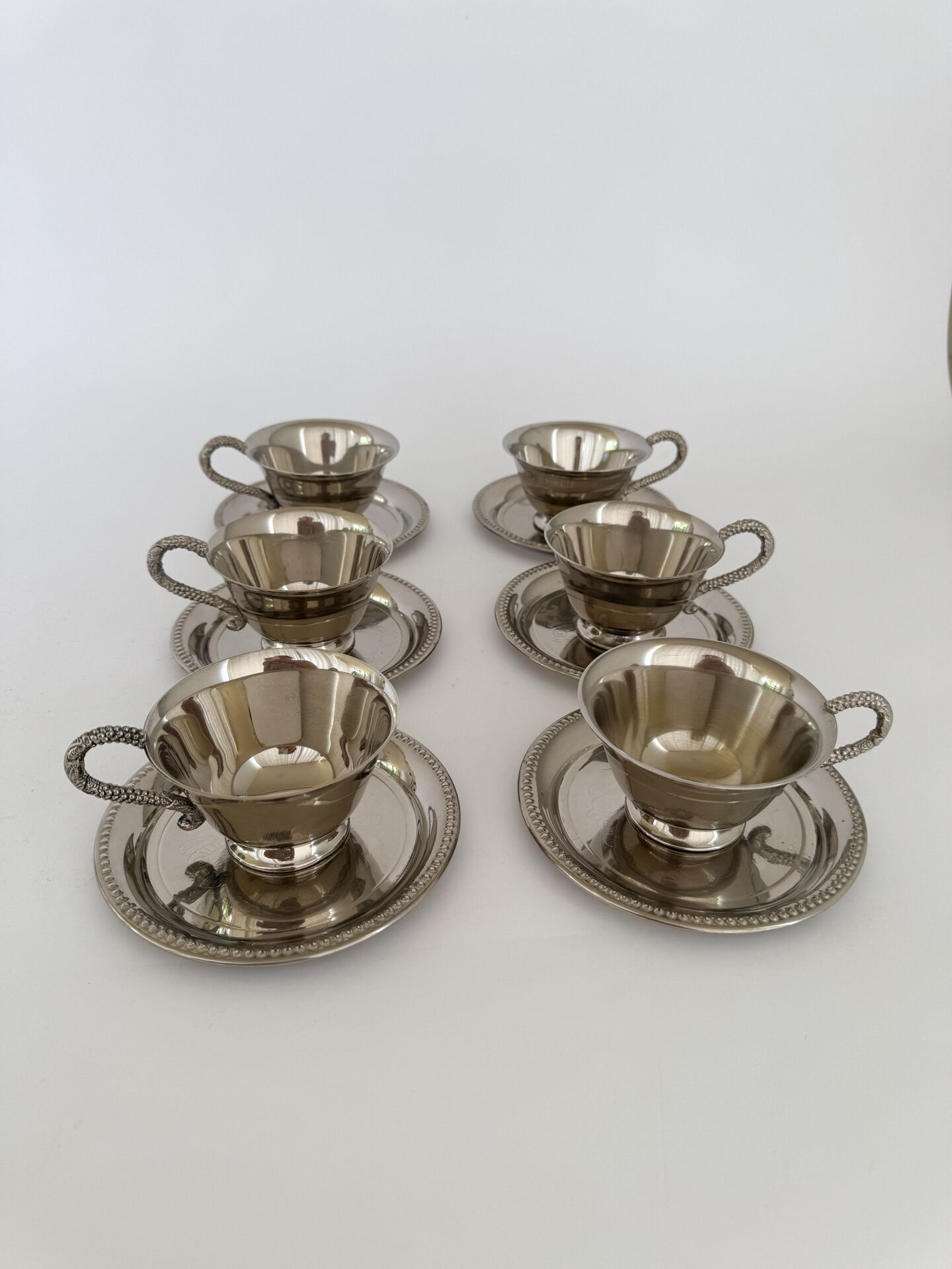 Set of 6 Antique Early 20th Century Silver Plated Coffee Cups With Sau