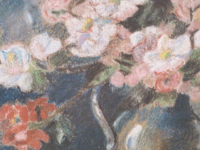 Tableau dessin pastel composition champêtre vase bouquet de fleurs printanières