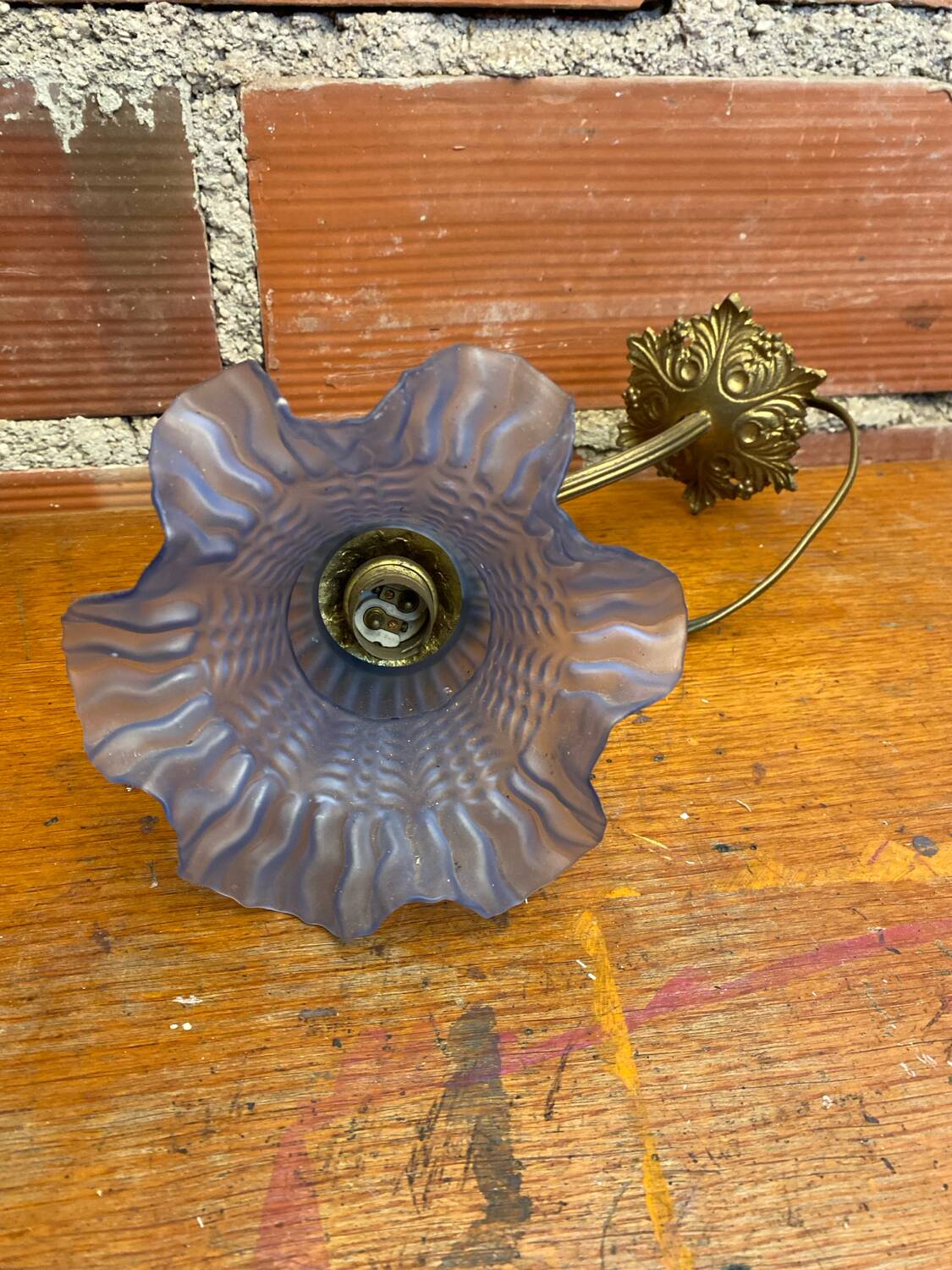 Antique art nouveau gilt bronze wall lamp + vintage blue glass tulip