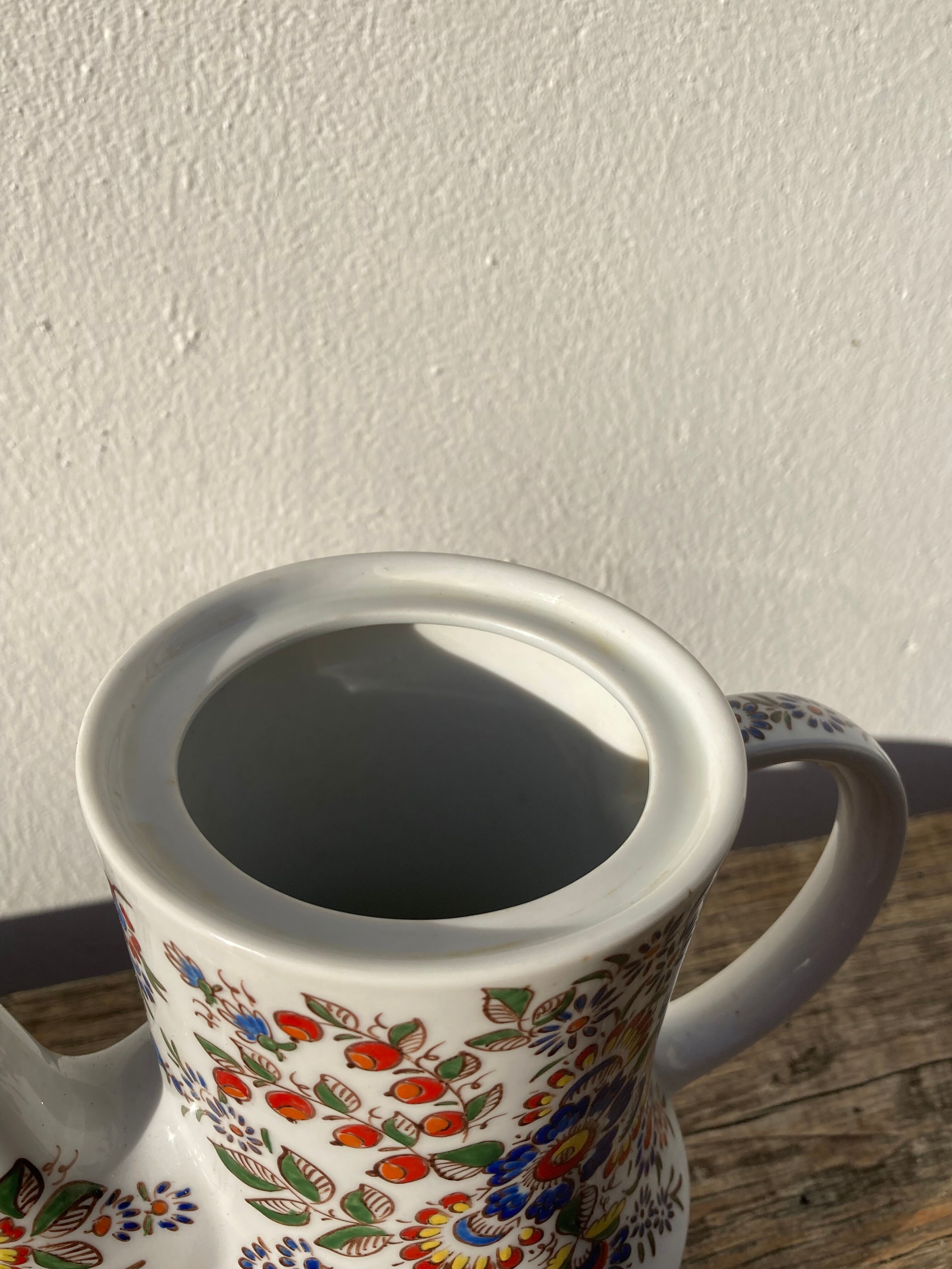 White hand-painted porcelain teapot with flowers Poland 1970s