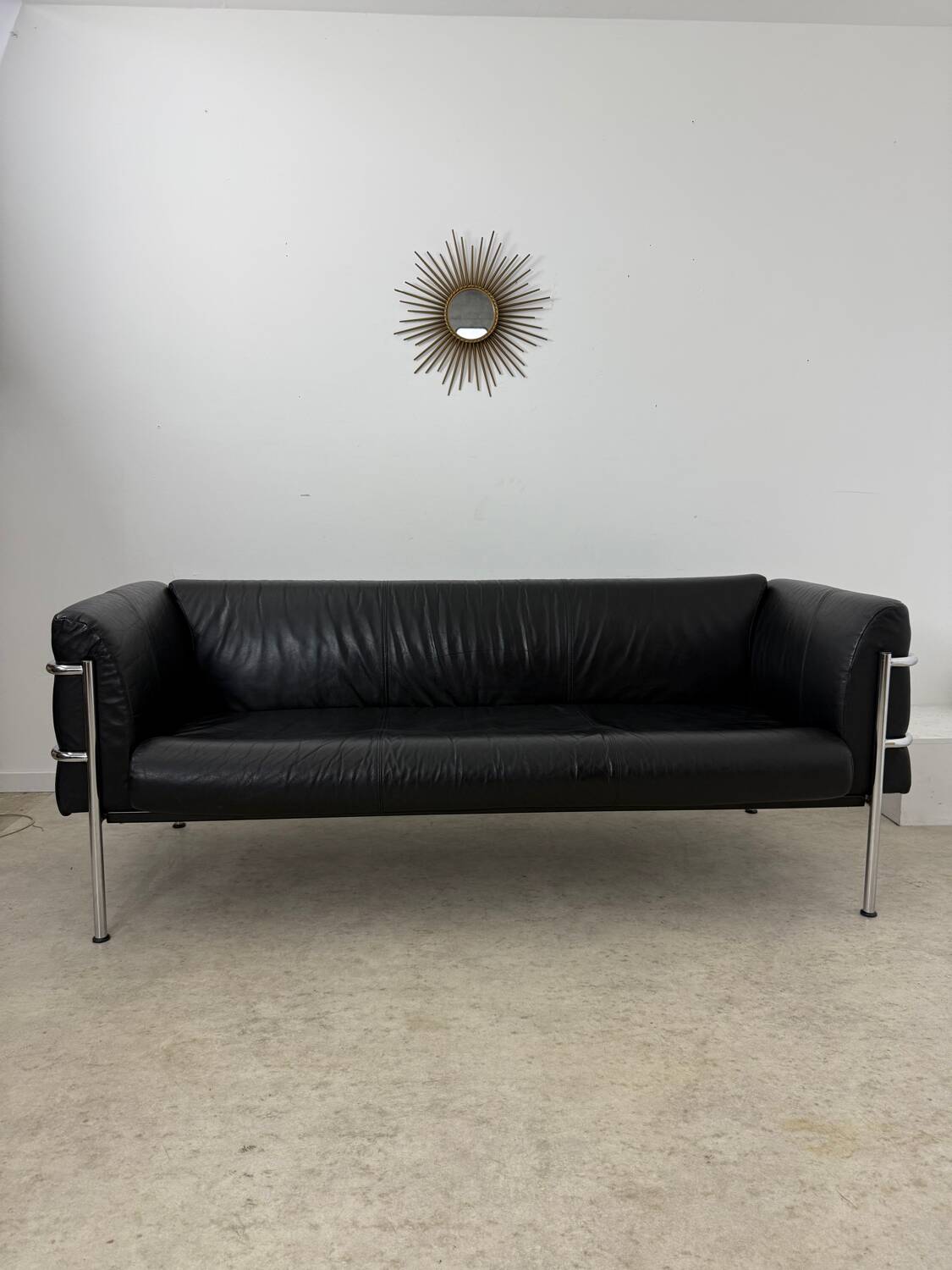 Old 3-seater sofa in tubular and black leather by Kébé, Denmark 1970s