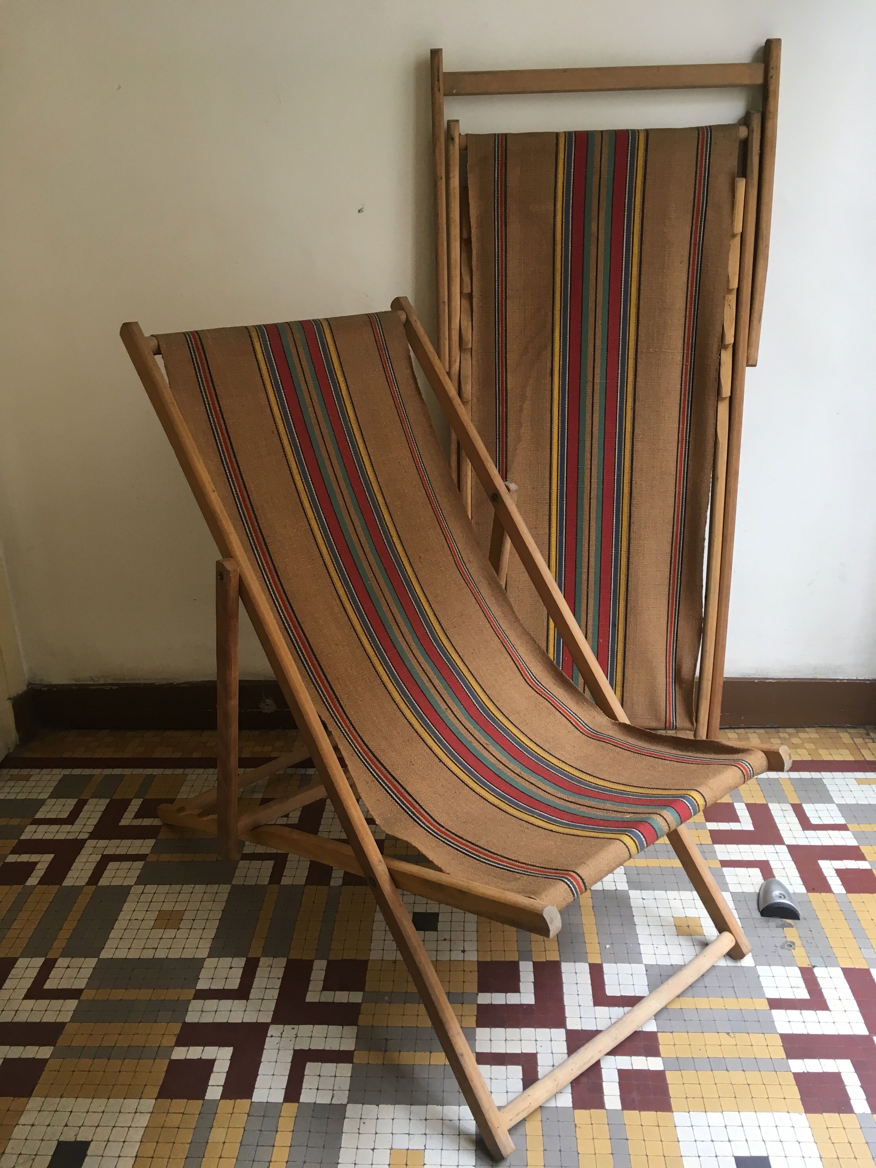 Paire de transats fin 1950 en toile de jute d'origine