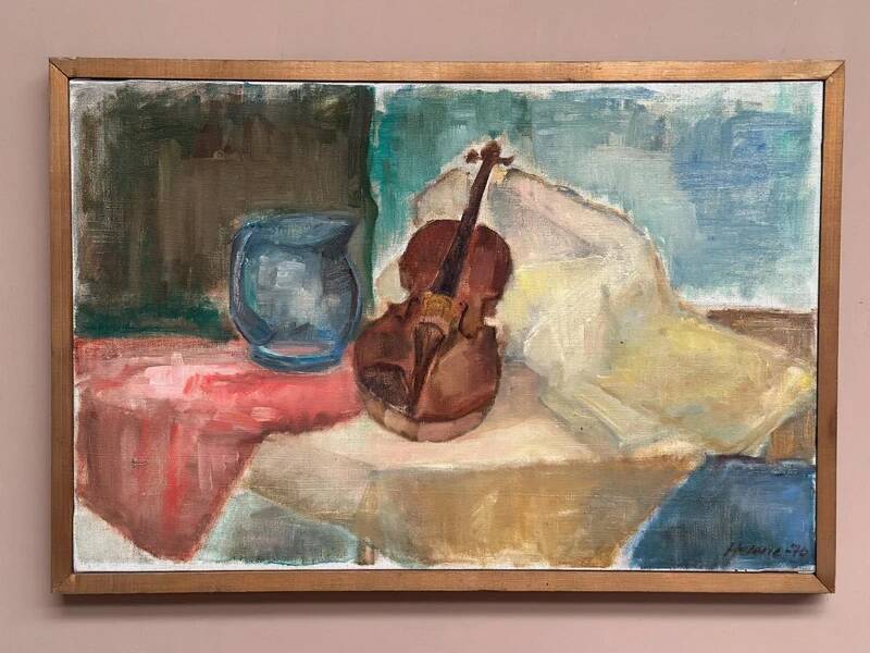 Oil on canvas “Still life with guitar” by Helerie 70, vintage & framed 62x42cm