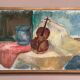 Oil on canvas “Still life with guitar” by Helerie 70, vintage & framed 62x42cm