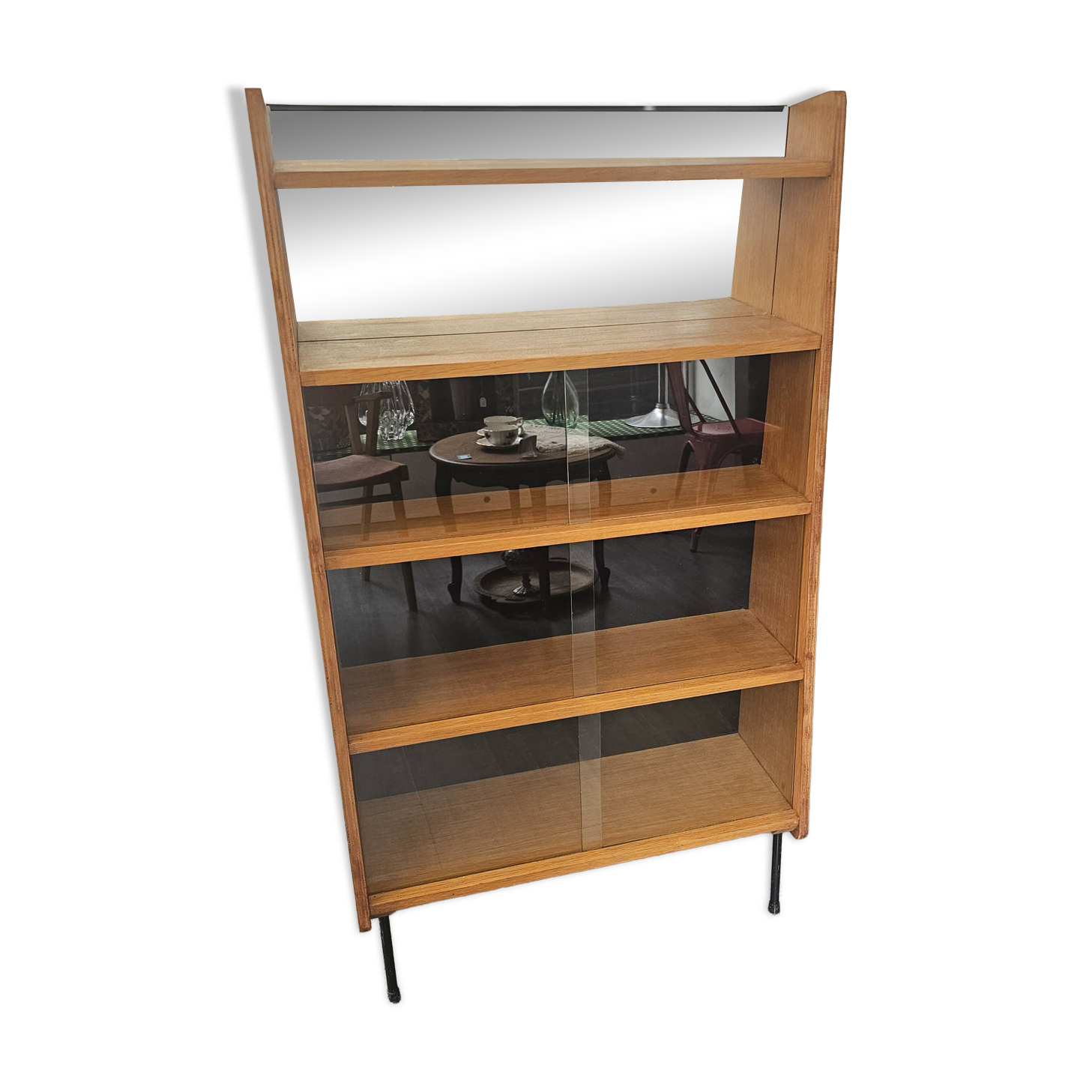 Modernist showcase library with sliding glass doors
