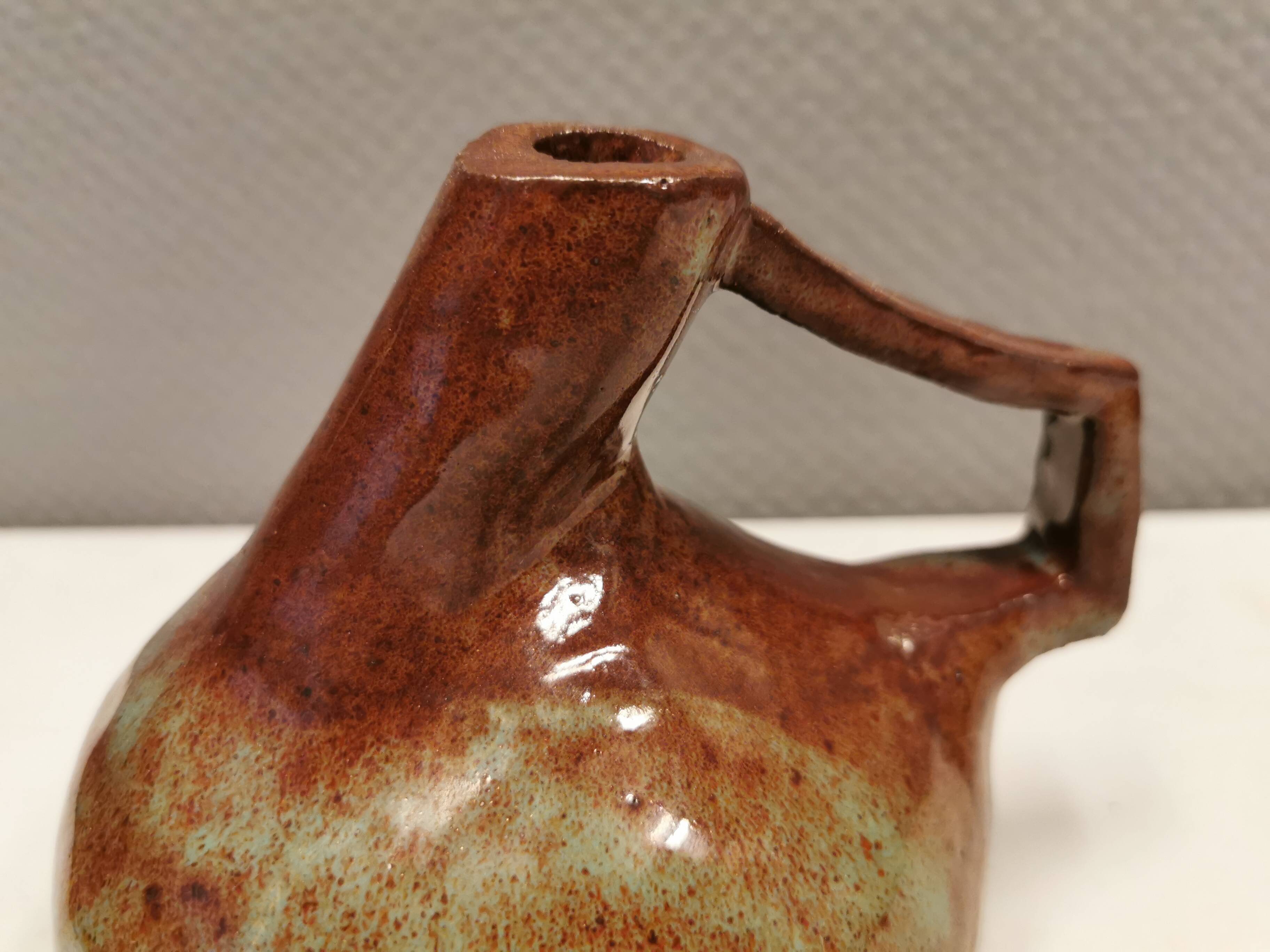 Ceramic jug/vase, Danish in beautiful earthy brown colours with light blue/green details.