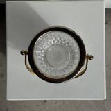 Small golden glass ice bucket with diamond point design and its scoop.