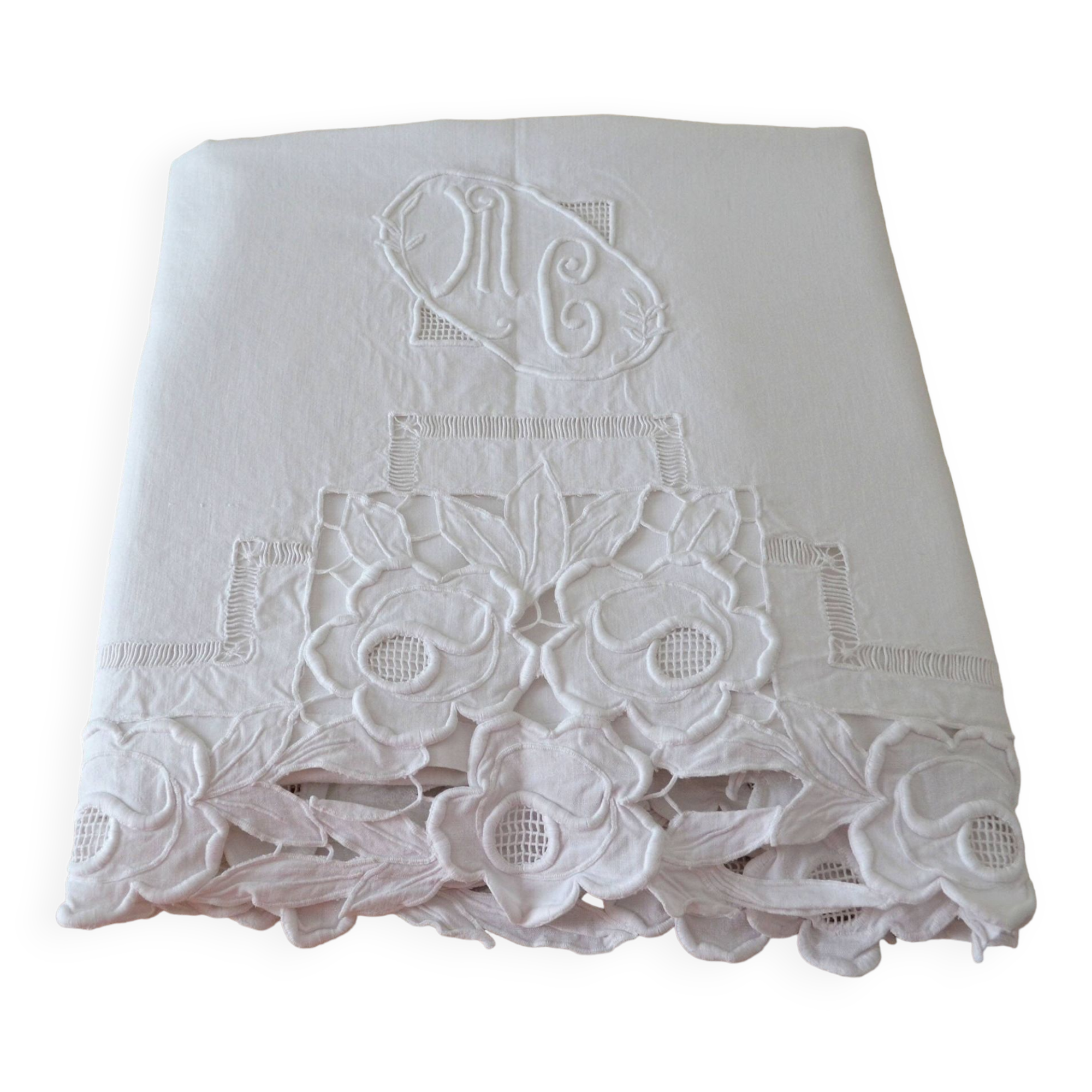 old linen sheet with brogue embroidery and monogram