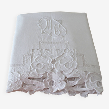 old linen sheet with brogue embroidery and monogram