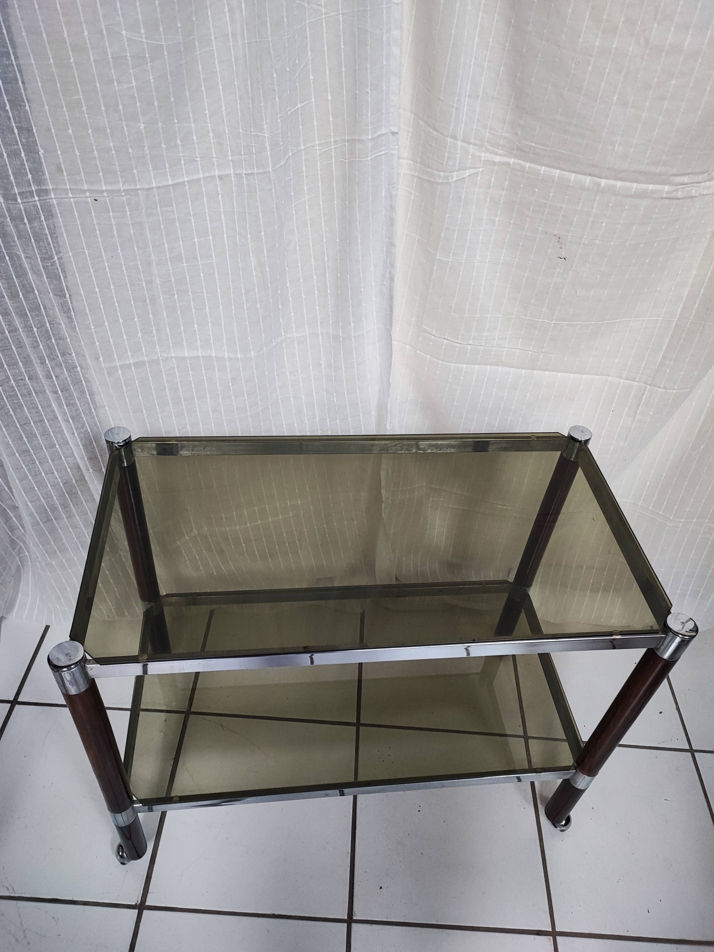 Smoked glass service two trays base wood and chrome metal